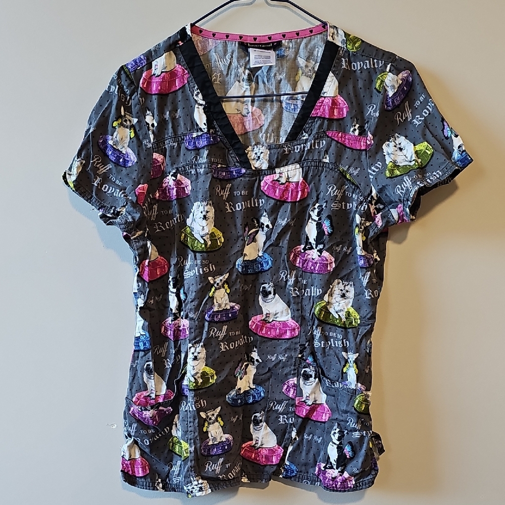 HeartSoul Medium Pink and Black Dog Detail Scrub Top